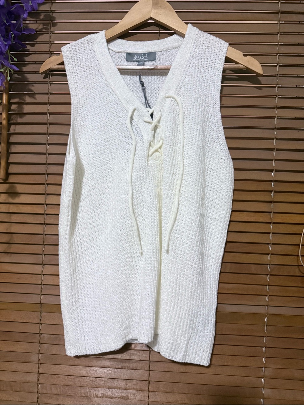 Marled Cream Lace-Up V-Neck Knit Tank